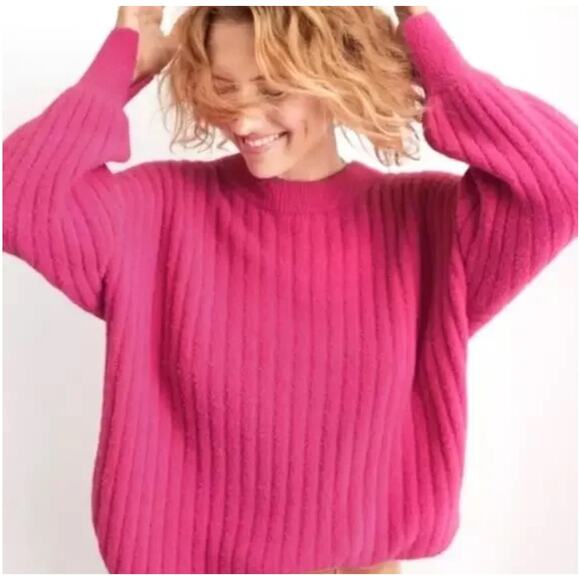 Aerie Soft Buttercream Cosmic Pink Oversized Crew Ribbed Knit Pullover Sweater S - Picture 1 of 11